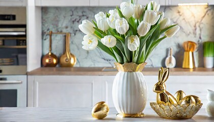 Wall Mural - A golden bunny, white tulips in a vase and a basket full of golden Easter eggs on the kitchen counter. The kitchen is in the background. Easter background with free space