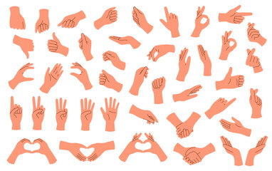 set of hands with different gestures isolated on white background.