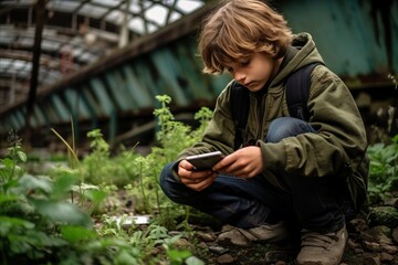 a boy in a green jacket sitting on the ground and using a smartphone.