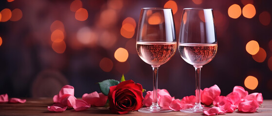 Romantic concept. Two glasses of vine with pink rose petals with bokeh background. Valentine's day banner. Celebration, with empty copy space