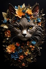 Wall Mural - Fantasy cat in colorful flower wreath vector illustration on black background. Isolation background. Vector illustration, t shirt print