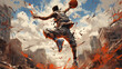 © HayyanGFX - young men, basketball players in motion, throwing ball with hand and win.poster concept black athlete man playing basketball banner, ai generative