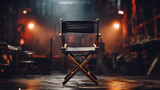 Fototapeta  - An empty director chair in front of an empty film set. Gloomy background, Empty black chair with sign Director and clapperboard in spotlight on filming set, A chair and a camera Generative AI
