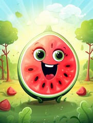 Wall Mural - Juicy delight: Ripe watermelon slice with a cheerful face, a vibrant burst of summer freshness.