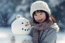 A Young Girl Holding A Snowman - A Heartwarming Winter Scene A Fictional Character Created By Generated AI. 