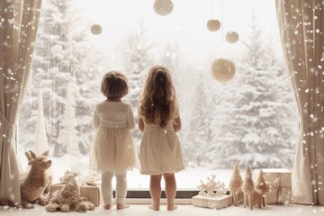 Young girls gazing at the winter wonderland outside their window A fictional character created by Generated AI. 