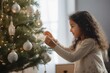 A little girl is decorating the Christmas tree in her home A fictional character created by Generated AI. 