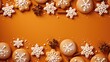 A delicious collection of snowy cookies on an orange background