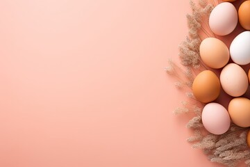 Wall Mural - Happy Easter composition. Easter eggs on peach fuzz color background natural dyed colorful eggs top view with copy space