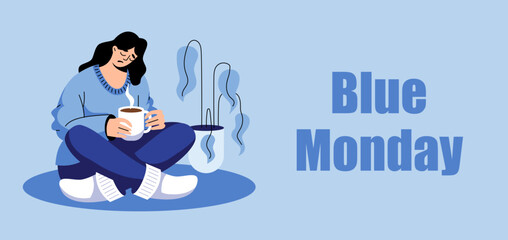 A sad, upset woman is sitting on the floor and drinking a drink. Blue Monday. Cartoon, flat, vector illustration