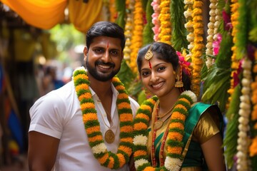 Wall Mural - a hindu couple poses for a photo wearing flower garlands and smiling. a fictional character created 