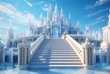 Fantasy Landscape With Fantasy Castle And Stairway. 3d Render, A Beautiful Architectural Castle With Large Steps On The Stairs Surrounded By Ice And Water Under A Clear Sky, AI Generated