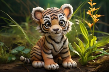 Poster - Cute little tiger doll in the garden with natural background, Selective focus, A charming tiger cub seated on the grass, displaying detailed features, AI Generated