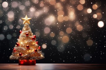 Wall Mural - Christmas tree with red and golden baubles and star on bokeh background, A Christmas and New Year background features a Christmas tree and bokeh lights, AI Generated