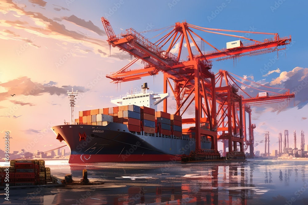 Container Cargo freight ship with working crane bridge in shipyard for Logistic Import Export background, A container cargo freight ship with a working crane bridge forms an import, AI Generated