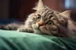 Cute cat of siberian breed, neva masquerade version, A cute cat with green eyes lying on a bed and gazing upward, AI Generated