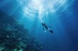 Woman freediver glides over the coral reef with sunbeams, A female apnea athlete swims in the crystal sea wearing a bikini, AI Generated