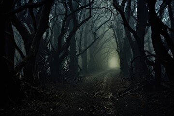 Poster - Mysterious dark forest with fog and tree trunks in the foreground, A dark forest with numerous trees covered in fog, AI Generated