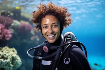 Wall Mural - Beautiful african american woman scuba diver smiling at camera