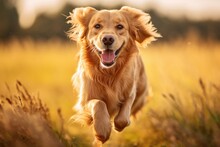 Golden Retriever Running In A Wheat Field On A Sunny Day, A Golden Retriever Dog Runs Energetically In A Field With A Blurred Background, AI Generated