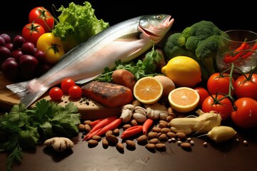 Canvas Print - Composition with fresh raw fish, vegetables and spices on dark background, A healthy food background showcasing fresh vegetables, fish, fruits, and nuts, AI Generated