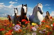 Herd of horses in a meadow with colorful flowers and blue sky, A herd of horses standing on a floral meadow, AI Generated
