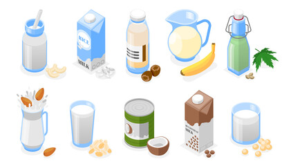 Wall Mural - Isometric vegan milk packaging with different types of organic milk and their ingredients