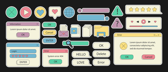 Set of retro stickers. 90s retro vaporwave old desktop user interface elements. Cute nostalgic computer ui, vintage aesthetic icons and windows set. stock stylish graphics. Dialog window.