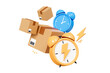 © accogliente - 3D Fast delivery concept. Cardboard boxes with alarm clock. Express shipping service. Quick move. Floating parcel boxes. Cartoon creative design icon isolated on white background. 3D Rendering
