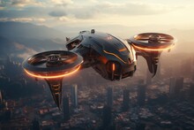 Futuristic Drone Flying Over The City, Drone Quadcopter With Digital Camera Ai Generated