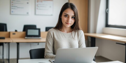A female programmer is programming in the office. A beautiful programmer with office background and copy space.