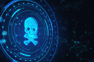 Wall Mural - Creative skull hologram on dark blue backdrop. Cyber attack and piracy concept. 3D Rendering.