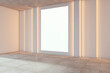 Modern empty gallery room interior with white mock up frame on illuminated light wall. 3D Rendering.