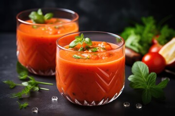 Wall Mural - Delicious cold Gazpacho soup in glasses.