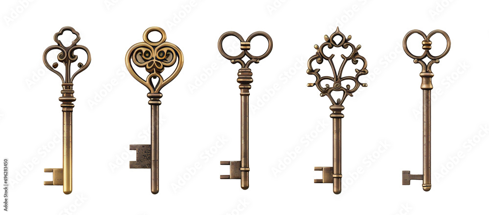 collection of golden old vintage keys, set isolated on transparent ...