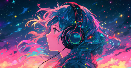 Wall Mural - Hand-drawn cartoon illustration of a girl listening to music with headphones under the starry sky
