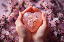 Hands Holding Heart Formed Pink Soap Feeld With Flowers, Pink Flowers On The Background