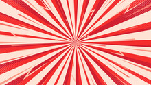 Red And White Comics Style Background. Pop Art Retro Vector Background. Focus Lines Background. Comic Style Background With Lightning And Halftone Effect.