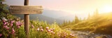 Fototapeta  - Wooden signpost mock up on a mountain trail among pink wildflowers at golden hour