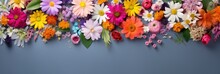 Assorted Colorful Spring Flowers Creating A Vibrant Border On A Blue Background
