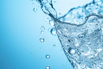 Poster - Dynamic splash as clear water is poured , with a blue background reflecting purity and freshness