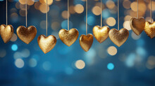 Valentine's Day, Valentines Day, Wedding, Love, Celebration, Hanging Golden Hearts Pattern On Bright Blue Background, Golden Bokeh, Greeting Card