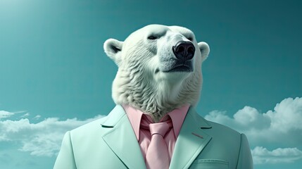 Wall Mural -  Cute Polar Bear in Formal Wear. Blue background. Generative AI	