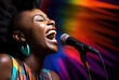 Energetic singer belting out with passion against a vibrant multicolored backdrop, capturing the essence of live music.