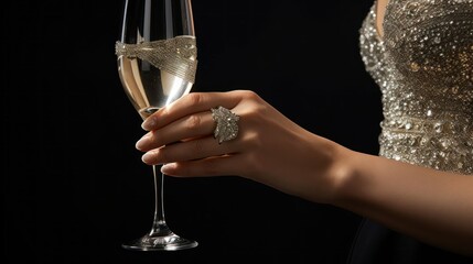 Elegant Evening Gown and Champagne Toast. A woman's hand holding champagne glass, featuring sparkling ring and a glittering dress, evokes a sense of luxury and celebration.