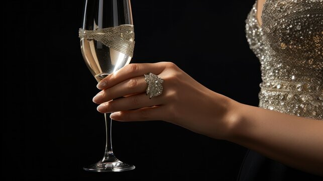 Elegant Evening Gown and Champagne Toast. A woman's hand holding champagne glass, featuring sparkling ring and a glittering dress, evokes a sense of luxury and celebration.