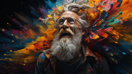 Happy Old bearded man with sunglasses standing in exploding colour exploding