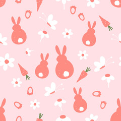 Canvas Print - Seamless pattern with bunny rabbit cartoons, carrot, butterfly, daisy flower and foot print on pink background vector.