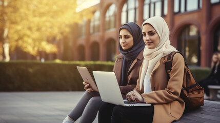 copy space, stockphoto, Portrait of two Muslim female students in traditional headscarf using laptop and phone in university campus. Female arabic students using laptop or cellphone on the campus site