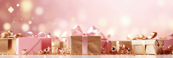 Wall Mural - Pink Christmas background with festive gift boxes and Christmas balls. Holiday pink Christmas and New Year banner backdrop with copy space.